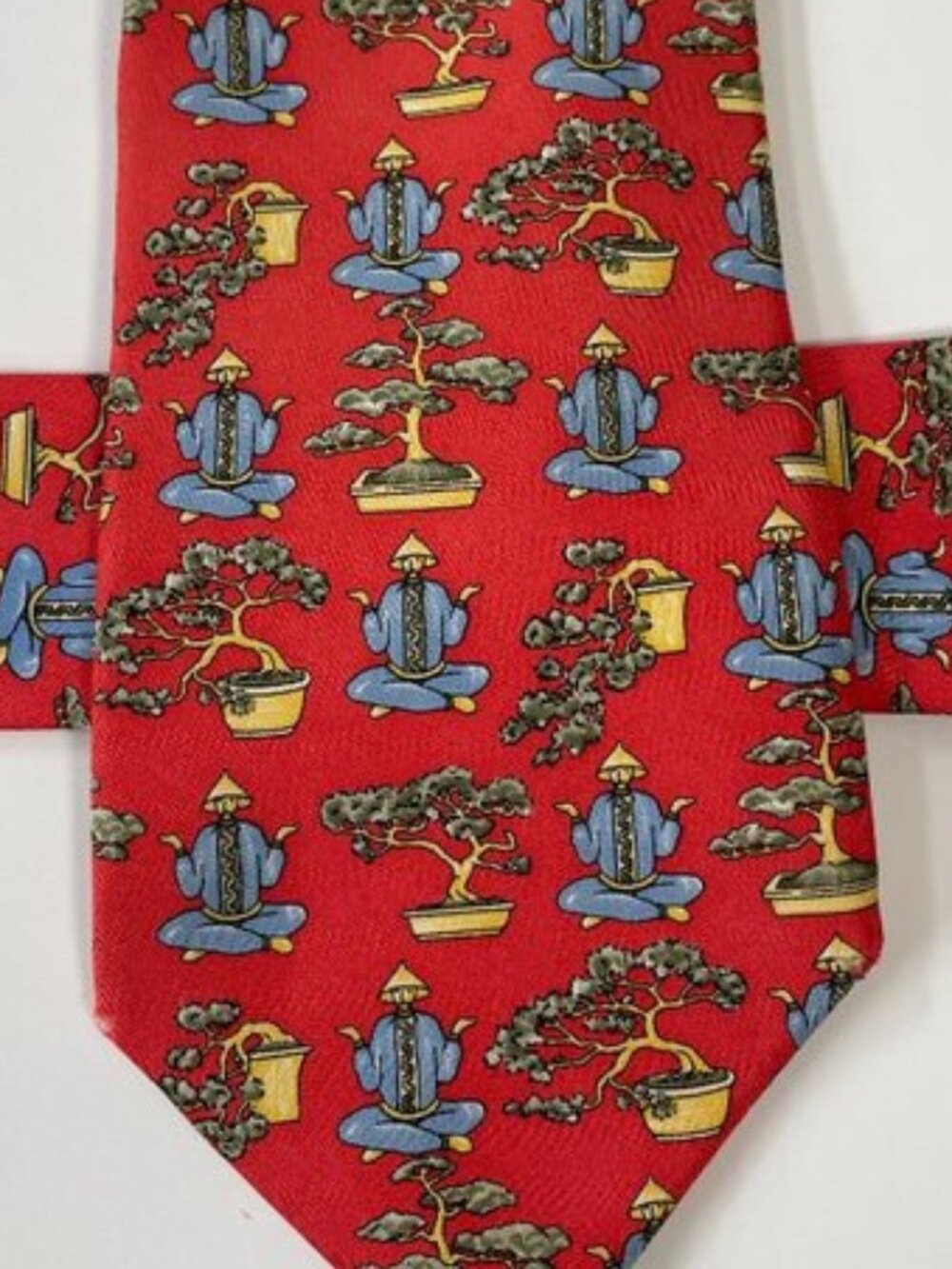 Alain Figaret Paris Silk Tie Red Meditating Yoga Monk Bonsai Tree France Made